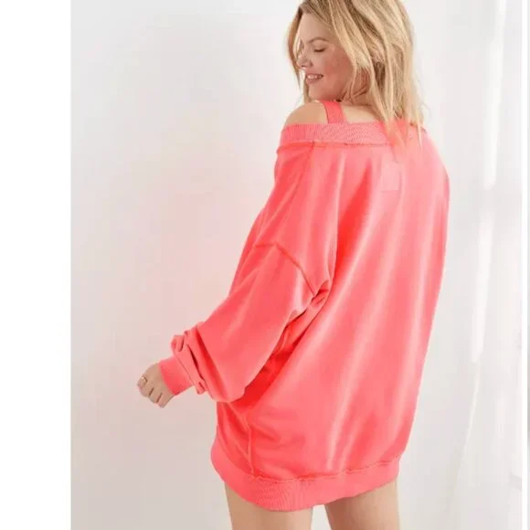 Aerie Tropadel Pink Vacay Every Day V-Neck Pullover Oversized Sweatshirt sz XXS - Picture 6 of 9